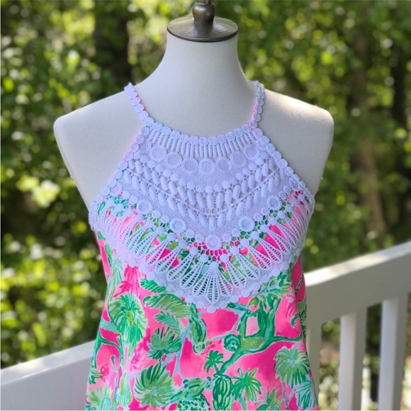 Lilly Pulitzer Pink and Green Floral Dress with Crochet Neckline - Picture 4 of 9